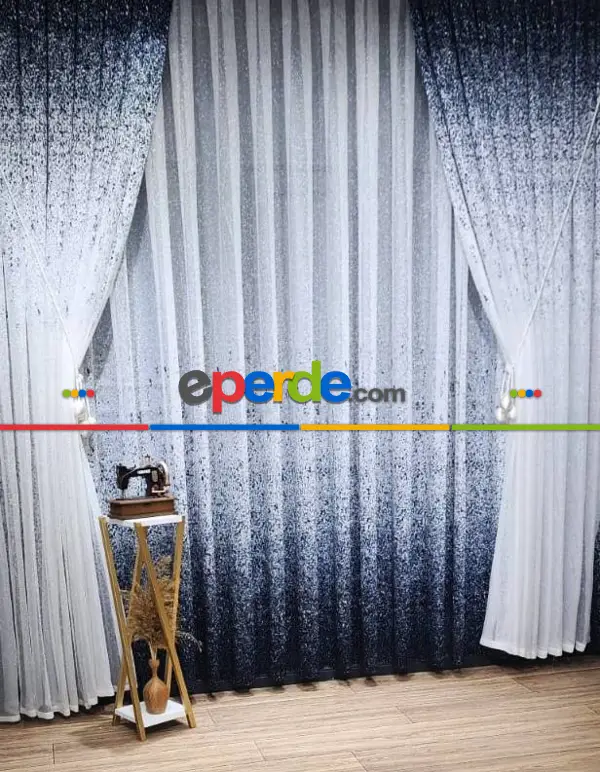 Salon Fon Perde - Üsten Dikim Renkli Lacivert Püskürtme Tül Fon Perde