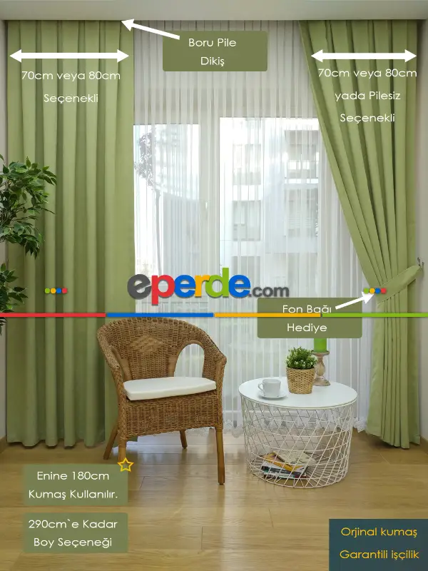 Yeşil Düz Fon Perde 180cm En- Açık Yeşil