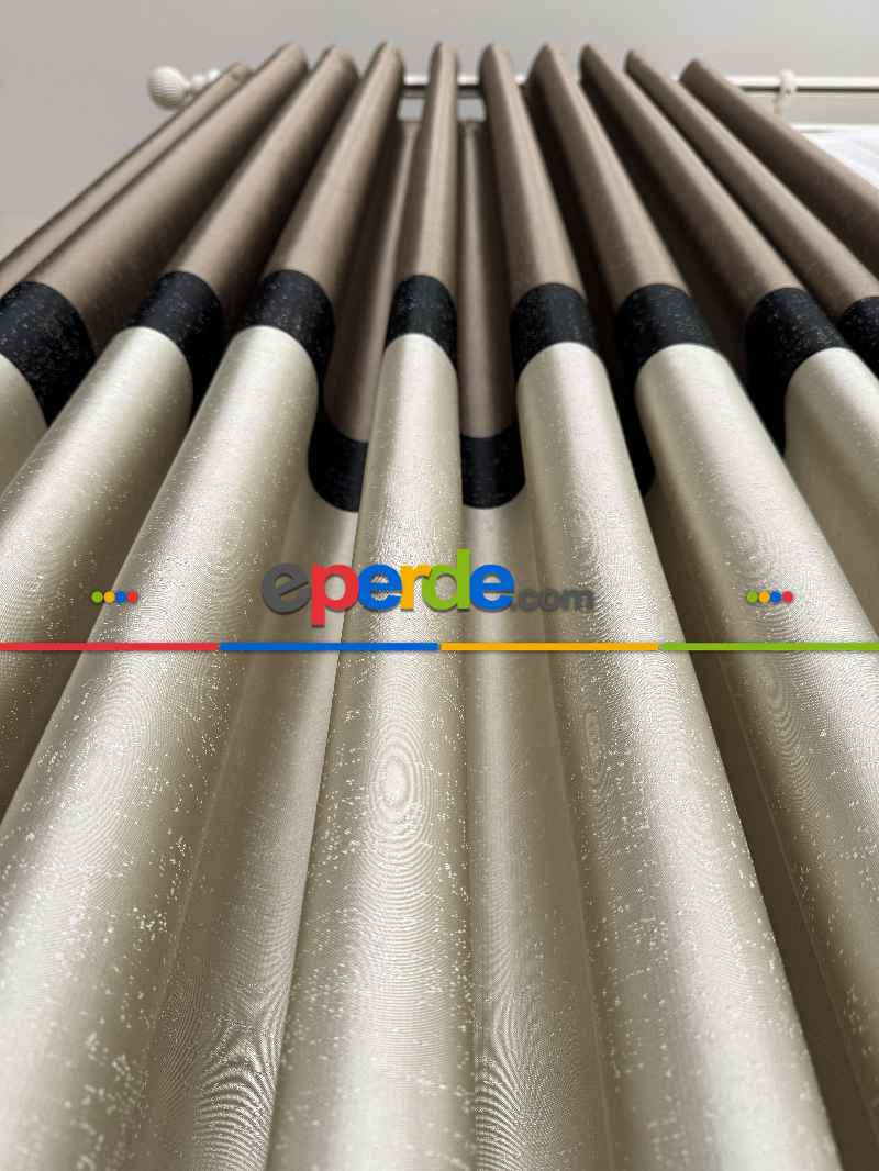 Salon - Kahveregi Krem Siyah Jakar Dokuma Fon Perde, Parlak Zemin