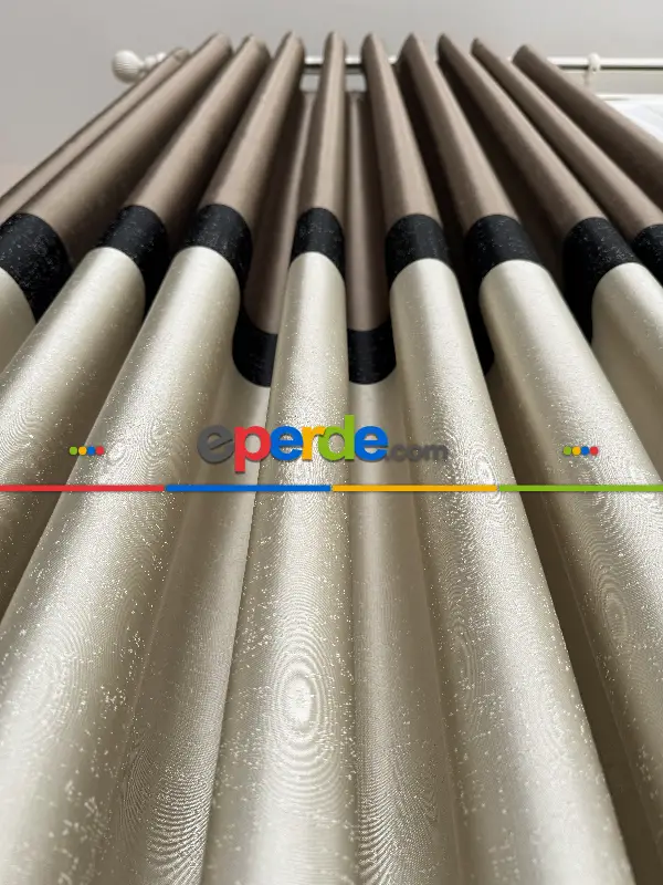 Yatak Odası - Kahveregi Krem Siyah Jakar Dokuma Fon Perde, Parlak Zemin