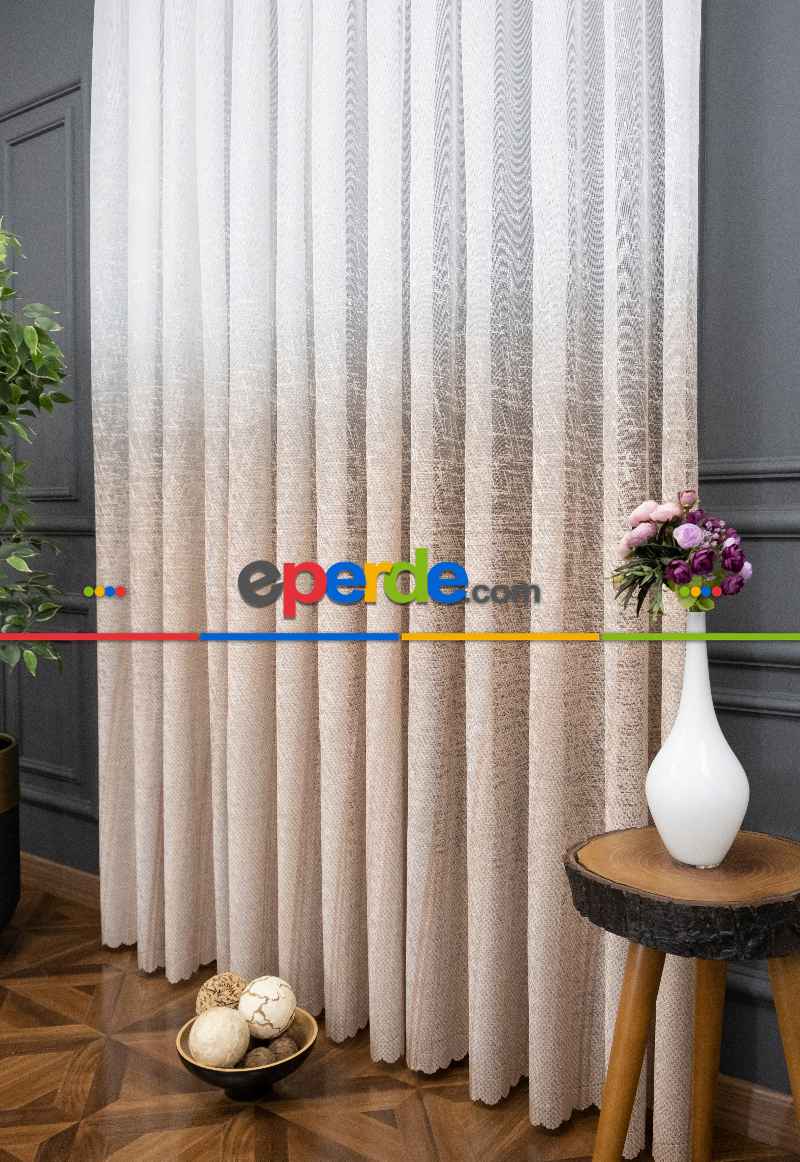 Modern Bej Rengi Degrade Geçişli Tül - Örme Dantel Tül