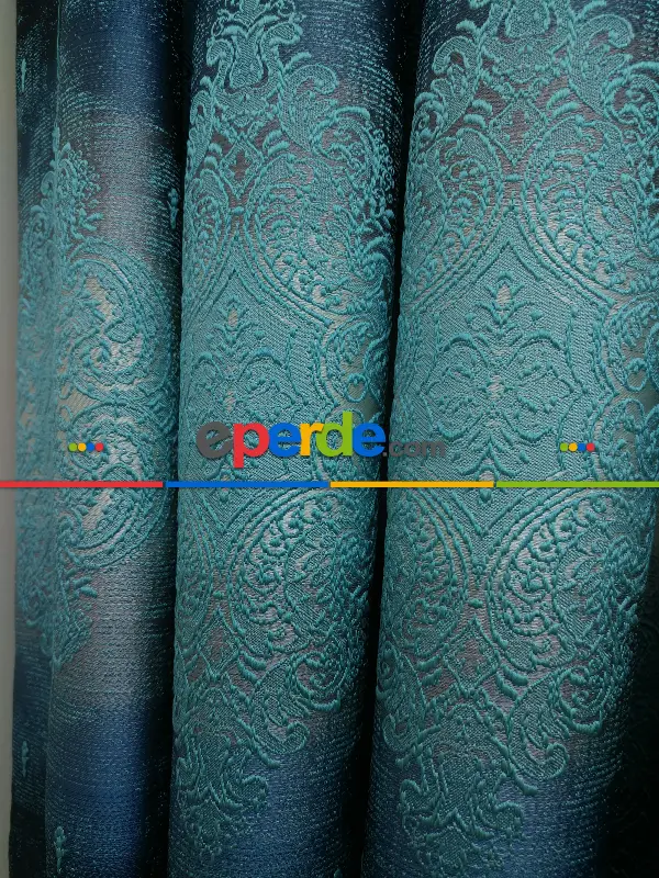 Salon Fon Perde - Fon Perde Turkuaz Damask Desenli(fon Demiri Hediyeli)- Turkuaz