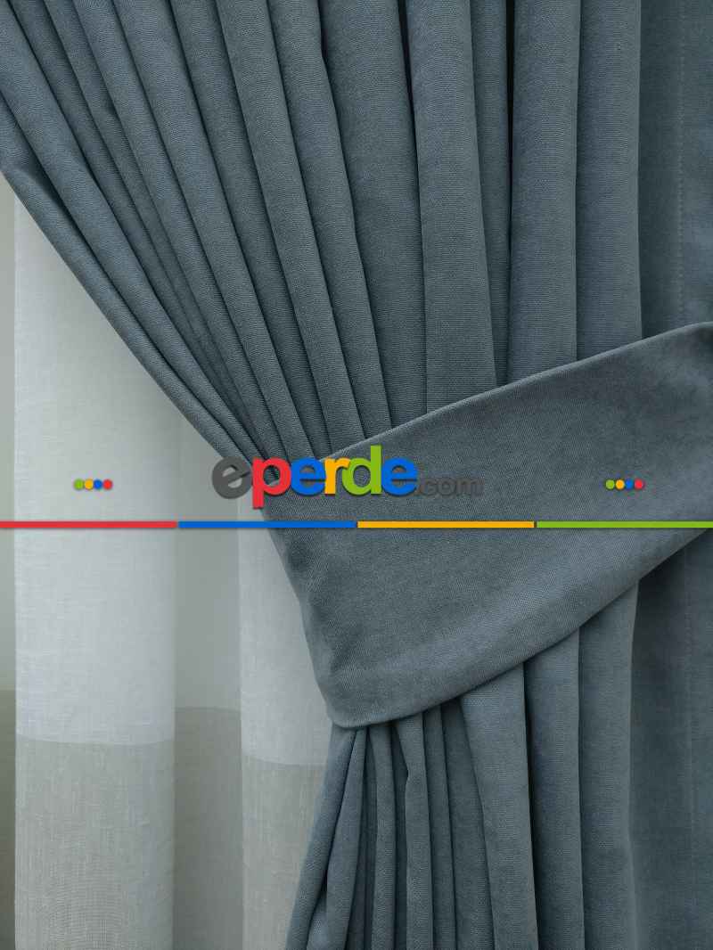 Mavimsi Gri Düz Sade Mutfak Fon Perde Yan Kanat Perdesi- Mavi