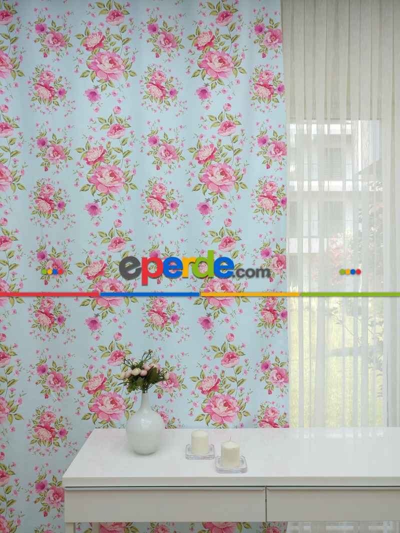 Yatak Odası - Çiçek Desenli Kaliteli Fon Perde Modelleri- Turkuaz-Pembe-Açık Yeşil