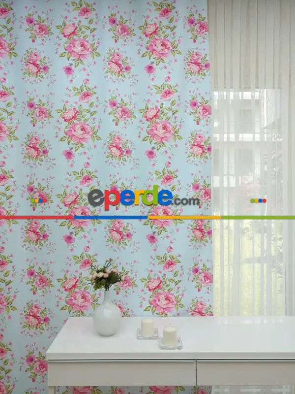 Yatak Odası - Çiçek Desenli Kaliteli Fon Perde Modelleri- Turkuaz-Pembe-Açık Yeşil