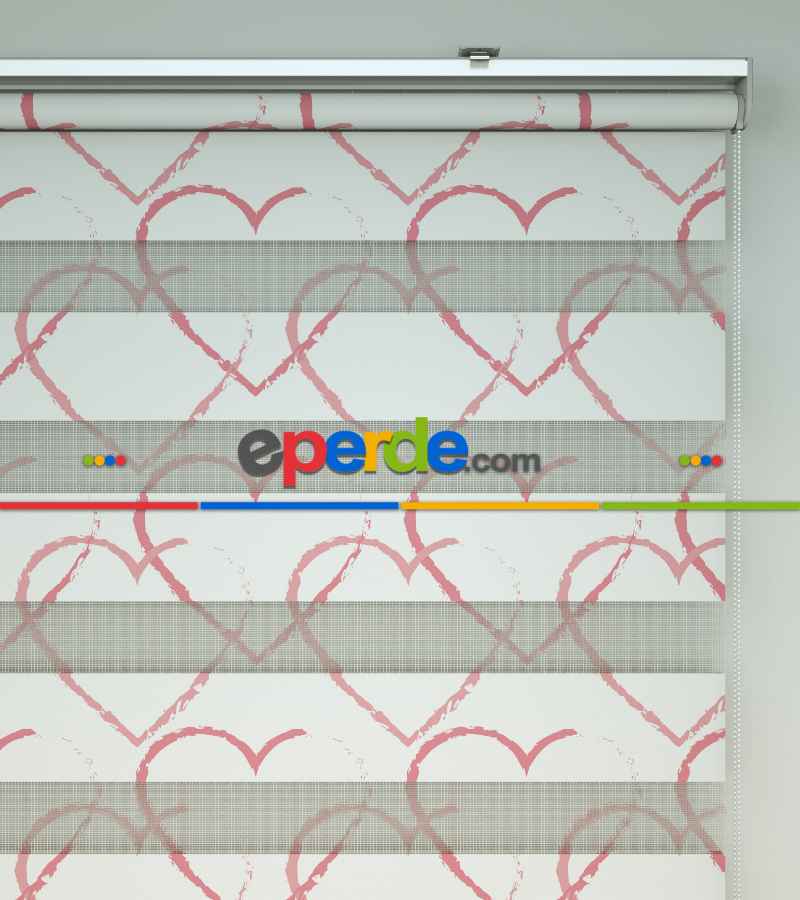 Kalp Desenli Baskılı Zebra Perde- Çok Renkli