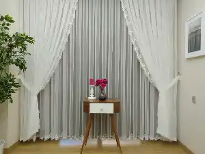 Fransız Dantel Tül Perde Salon Perdesi Etek Ucu Nakış (güpür) İşlemeli - 3- Ekru