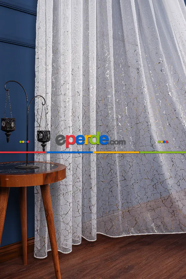 Salon Tül - Granit Dijital Baskılı Tül Perde Ekru-gold