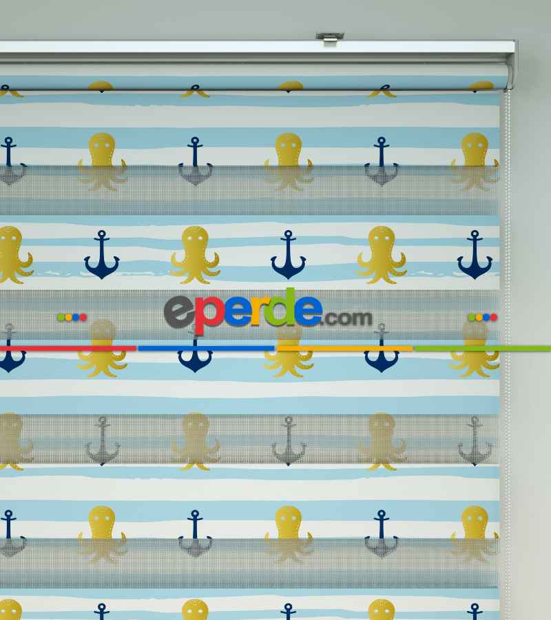 Çocuk Odası Zebra Perde - Çapa Baskılı Zebra Perde- Lacivert-Mavi-Sarı-Beyaz