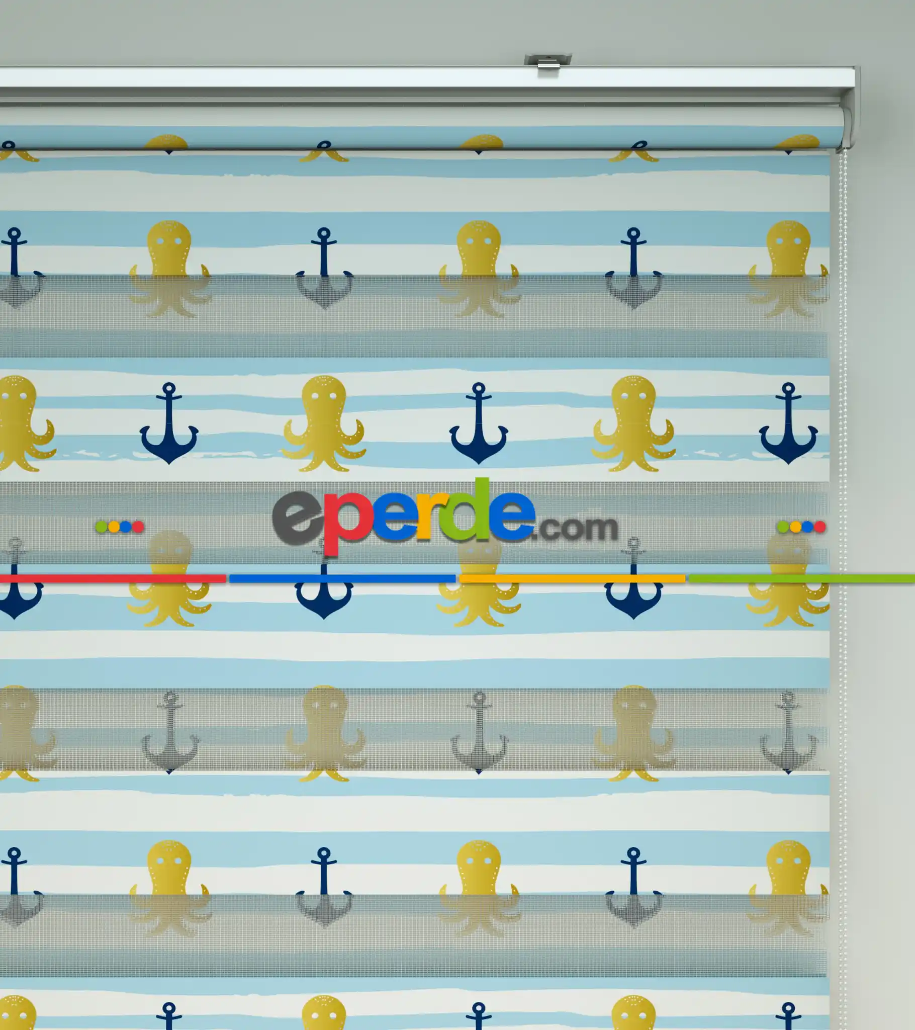 Bebek Odası Zebra Perde - Çapa Baskılı Zebra Perde- Lacivert-Mavi-Sarı-Beyaz