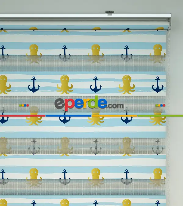 Bebek Odası Zebra Perde - Çapa Baskılı Zebra Perde- Lacivert-Mavi-Sarı-Beyaz