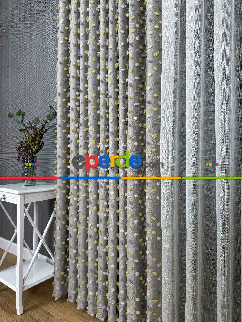 Açık Antrasit Krem Ve Sarı Ponponlu Jakar Dokuma, Premium Kalite Serisi Fon Perde