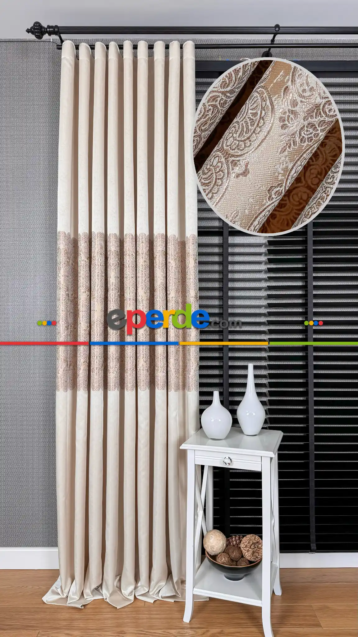 Krem Fon Perde, Damask Desenli