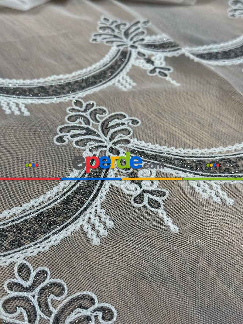 Simli Damask Desen Nakışlı Tül Perde - Özel Dokuma Ağır Gramajlı Premium
