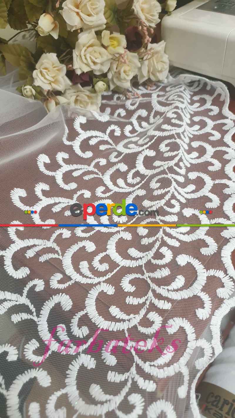 Sarmaşık Şal Desenli - Ara Bantlı Desenli Tül Perde - Brode Dokuma