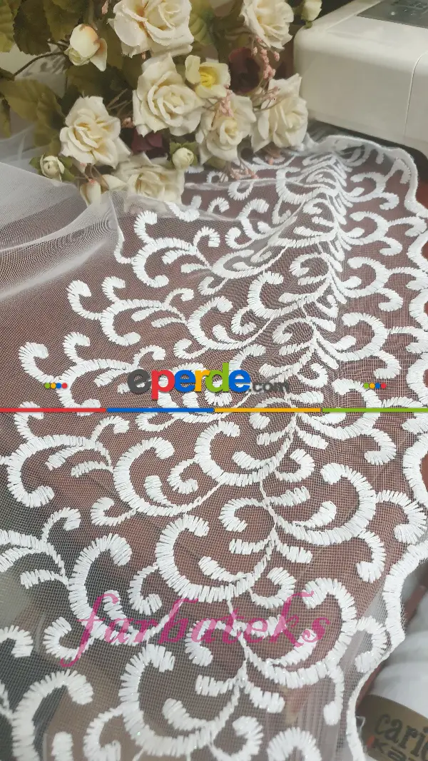 Mutfak Sarmaşık Şal Desenli - Ara Bantlı Desenli Tül Perde - Brode Dokuma