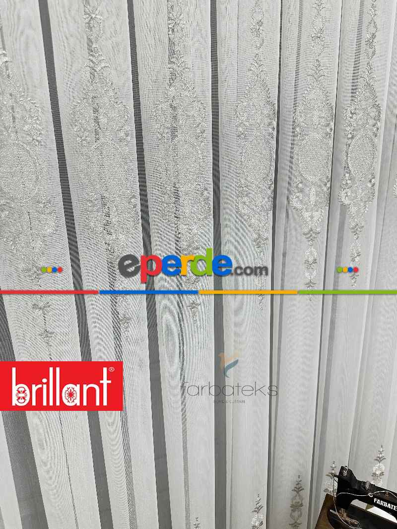 Brillant Ayna Desen Gri İşlemeli Tül Perde