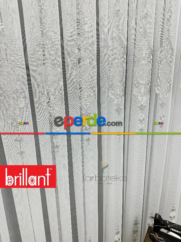 Brillant Ayna Desen Gri İşlemeli Tül Perde