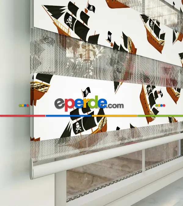 Gemi Desenli Baskılı Zebra Perde- Siyah-kahve-çok Renkli