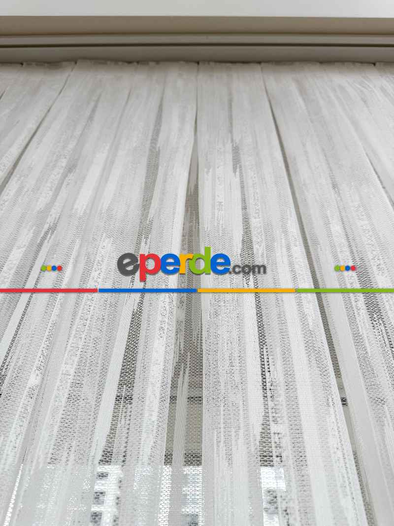 Oturma Odası - Çizgili Fransız Dantel Örme Tül Perde, Desenli Ütü İstemeyen Tül