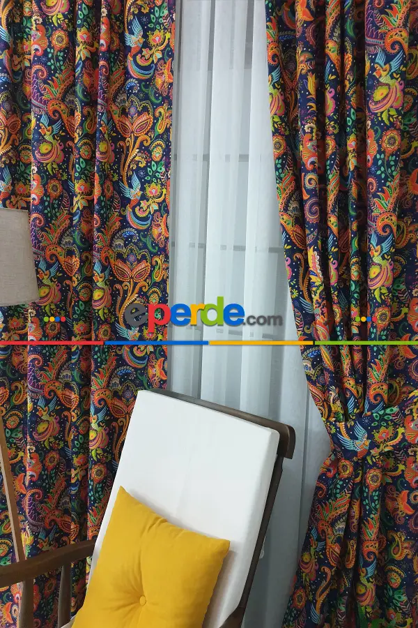Etnik Desenli Fon Perde Evm452 _e - Kumaşı Kalındır Duck Bezi Değildir.- Lacivert-Mavi-Sarı-Kahve-Çok Renkli