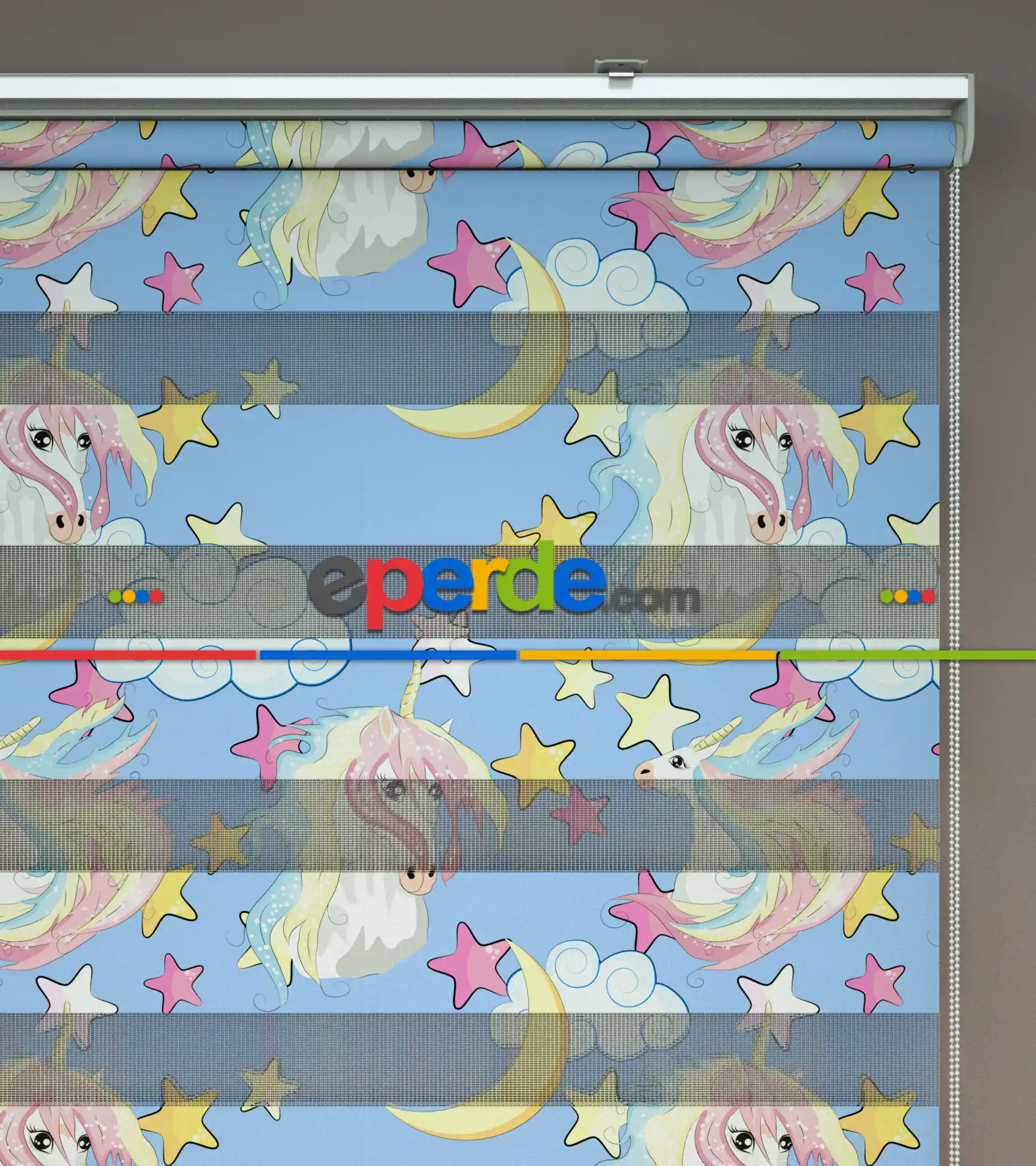 Unicorn Desenli Baskılı Zebra Perde- Çok Renkli