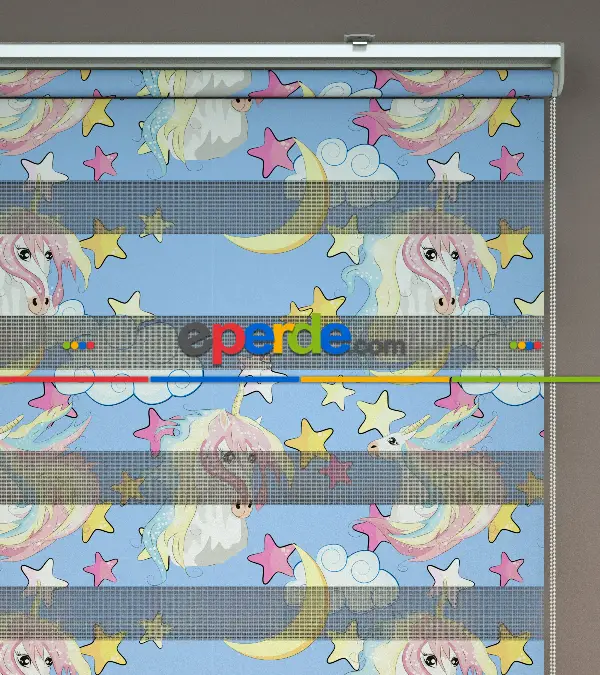 Unicorn Desenli Baskılı Zebra Perde- Çok Renkli