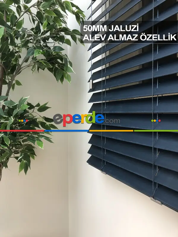 50mm Lacivert Ahşap Efektli Polywood Jaluzi Perde Alev Almaz Özellik- Lacivert