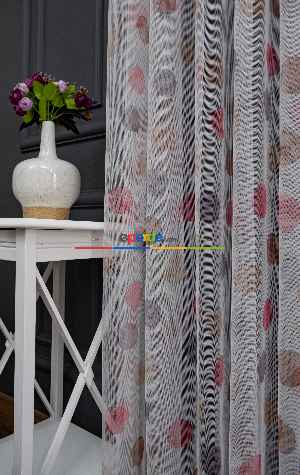 Hazır Ölçülü Petek Zemin Kahverengi Ve Pembe Renkli Puantiye Desenli Grek Baskılı Tül Perde