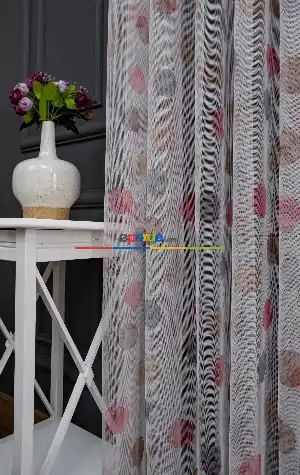 Hazır Ölçülü Petek Zemin Kahverengi Ve Pembe Renkli Puantiye Desenli Grek Baskılı Tül Perde