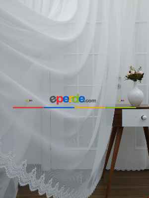 %55 İndirimli Hazır Ölçülü Normal Pileli Eteği Nakışlı Simli Düz Model - Ütü İstemez - Grek Tül Perde