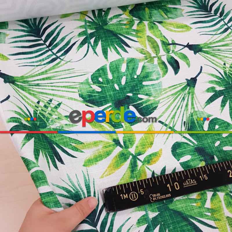 Tropikal Yaprak Desenli Fon Perde Evm1119 Kumaşı Kalındır Duck Bezi Değildir- Yeşil-Beyaz