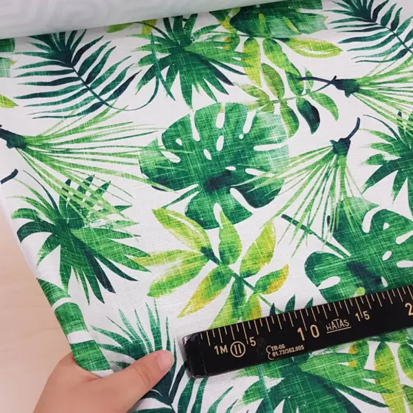 Salon Fon - Tropikal Yaprak Desenli Fon Perde Evm1119 Kumaşı Kalındır Duck Bezi Değildir- Yeşil-Beyaz