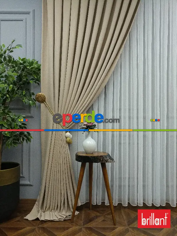 Yatak Odası - Brillant Keten Koyu Krem Renk Düz Fon Perde - Krem Koyu