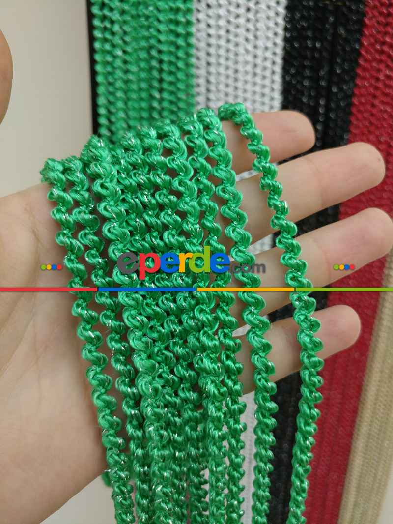 Mutfak İp Perde - Yeşil Rengi İp Perde Bukle Serisi- Yeşil-gümüş