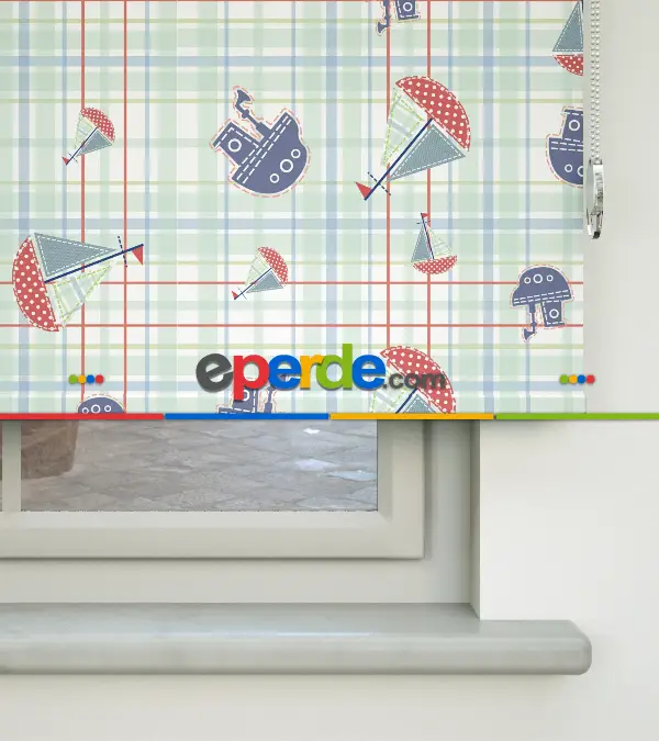 Bebek Odası - Gemi Desenli Baskılı Stor Perde- Çok Renkli