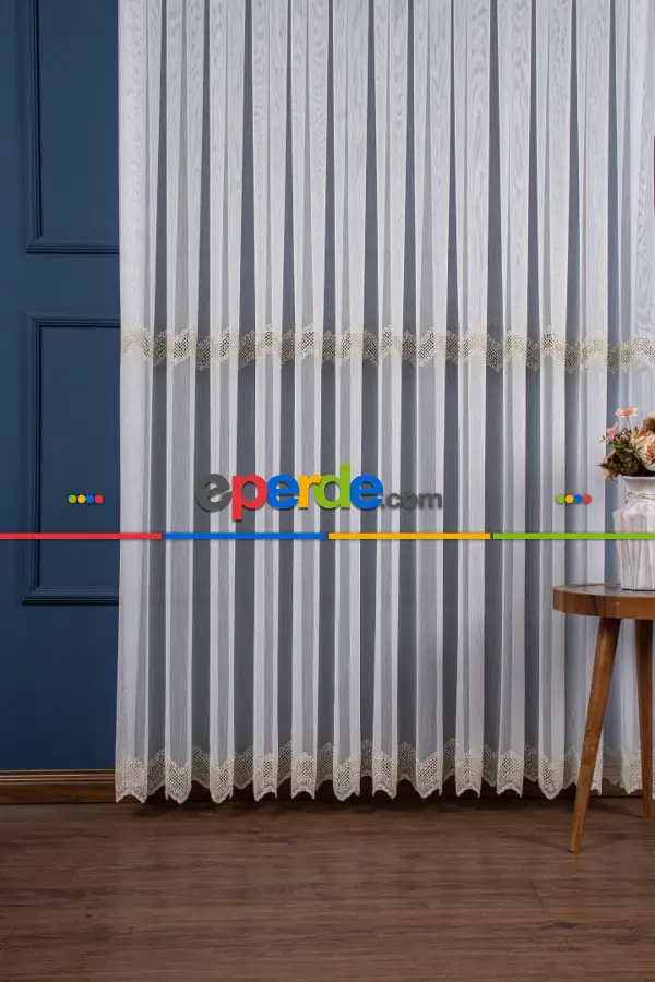 Ekru-altın Nakış İşlemeli Tül Perde