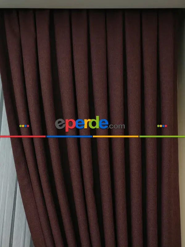 Salon Fon Perde - Keten Bordo Renk Düz Fon Perde- Kiremit Rengi