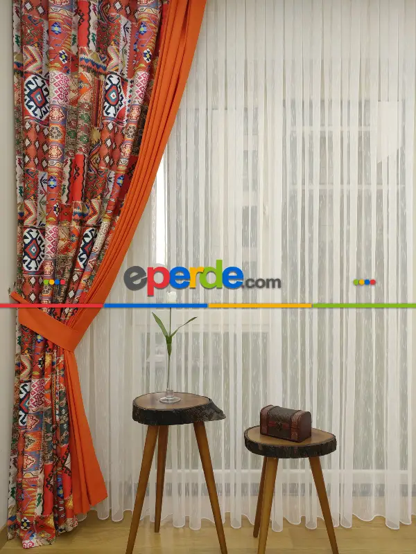 Kilim Desenli Patchwork Fon Perde Kombinli - 2- Çok Renkli 3