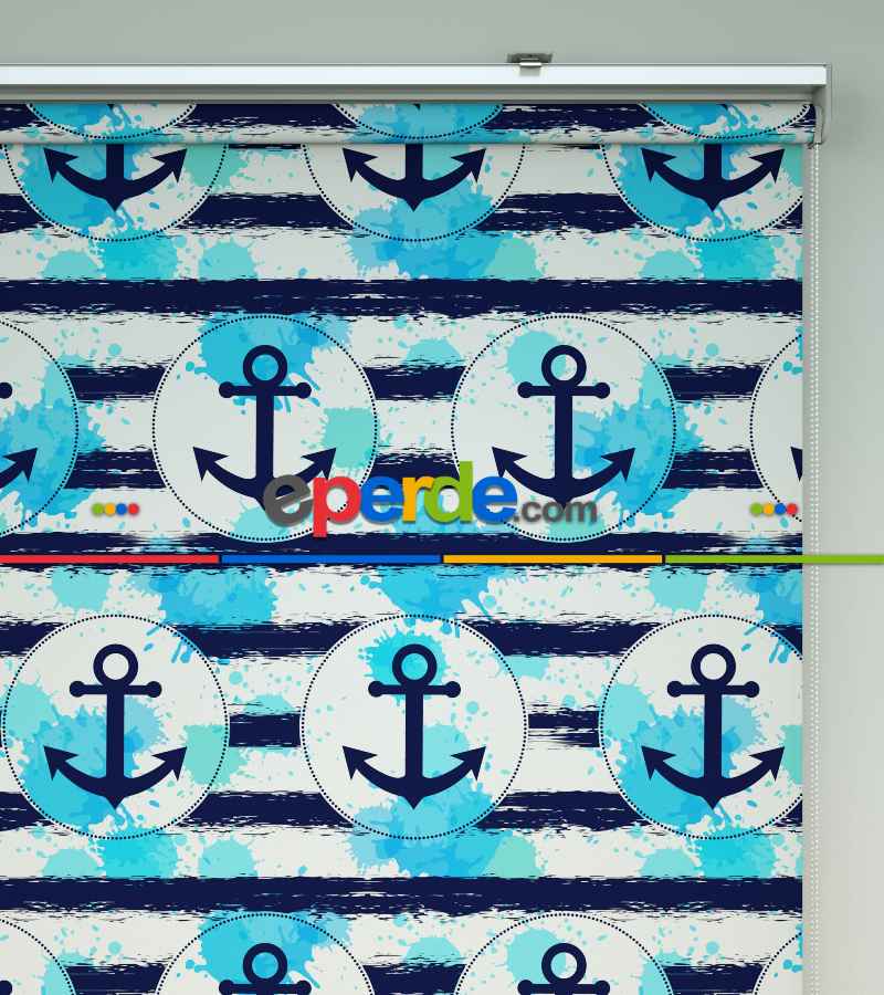 Çapa Desenli Baskılı Stor Perde- Lacivert-mavi