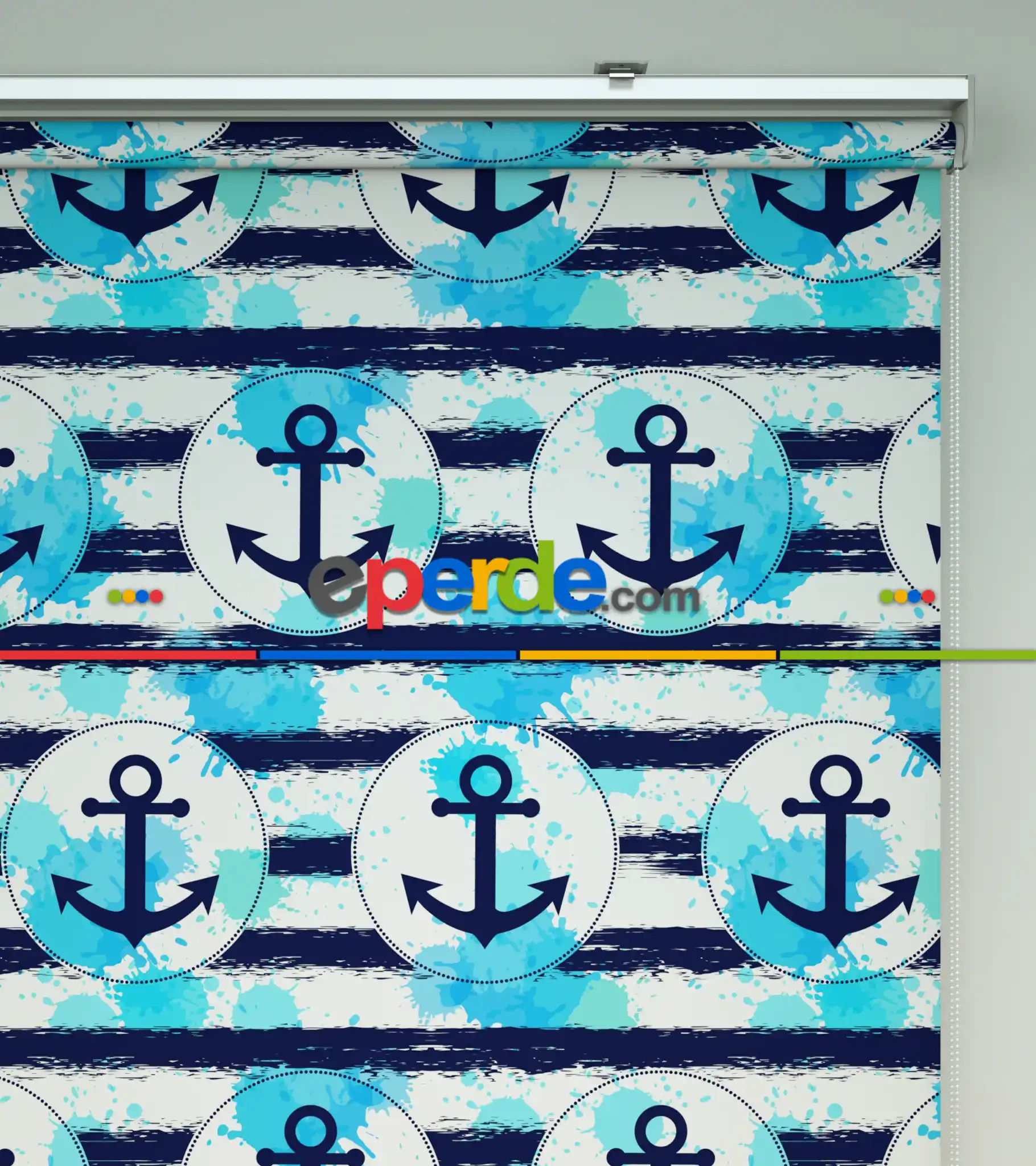 Çapa Desenli Baskılı Stor Perde- Lacivert-mavi