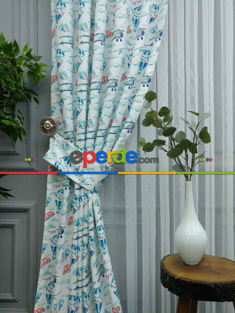 Bebek Odası Fon - Uçak Desenli Fon Perde K679 Kumaşı Kalındır Duck Bezi Değildir.- Mavi