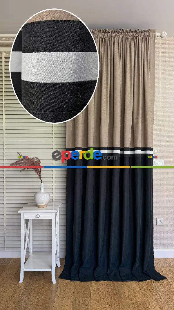 Siyah Ve Bej Rengi Kombinli Fon Perde, İki Kumaş Bordür İle Birleştirilmiştir, Özel Tasarımdır.