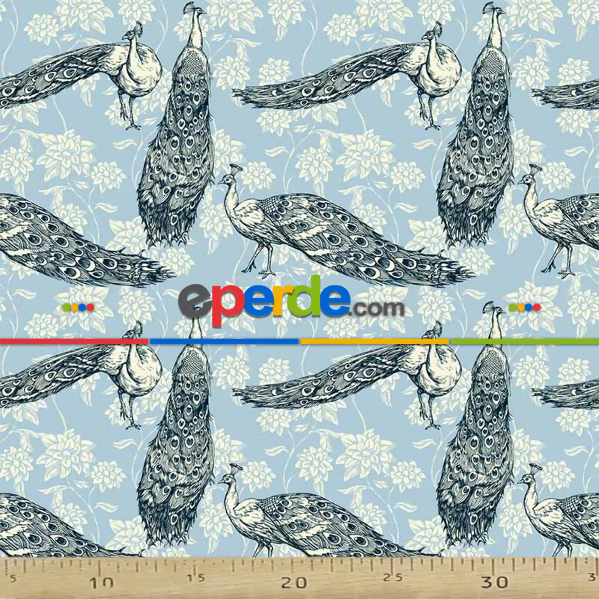 Tavuskuşu Desenli Fon Perde Evm709 Kumaşı Kalındır Duck Bezi Değildir- Siyah-Beyaz-Mavi Açık