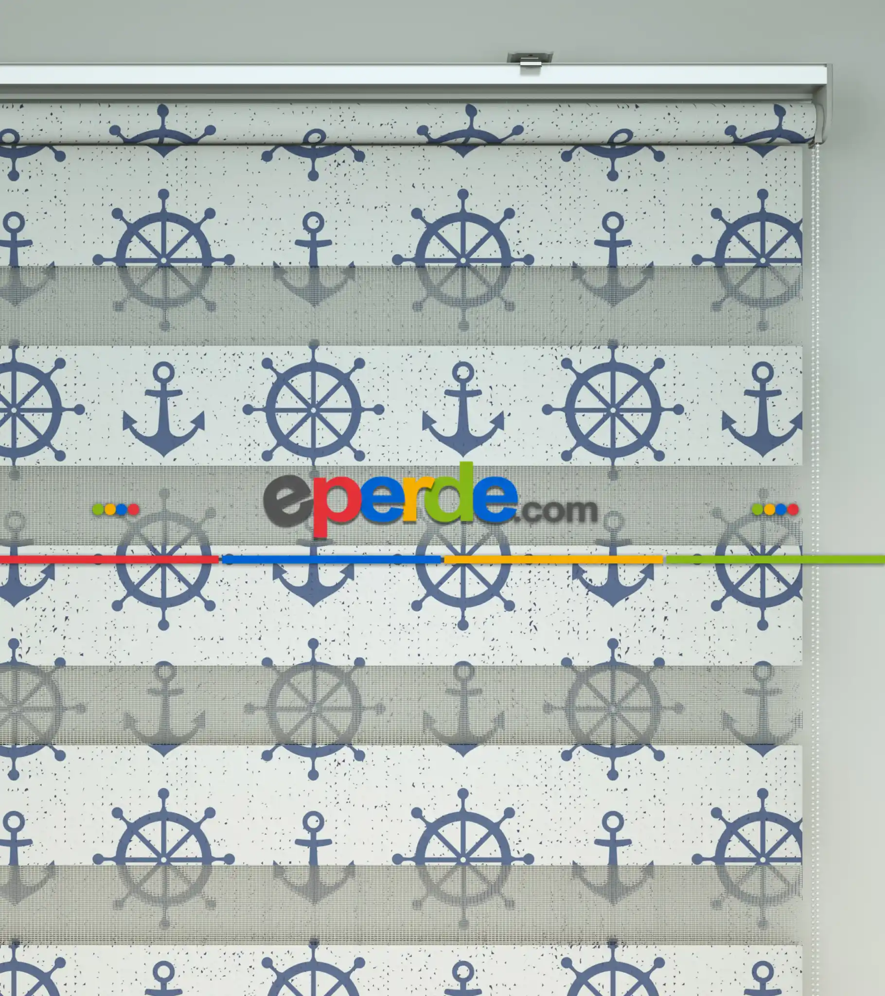 Bebek Odası Zebra Perde - Dümen Ve Çapa Baskılı Zebra Perde- Mavi-Beyaz