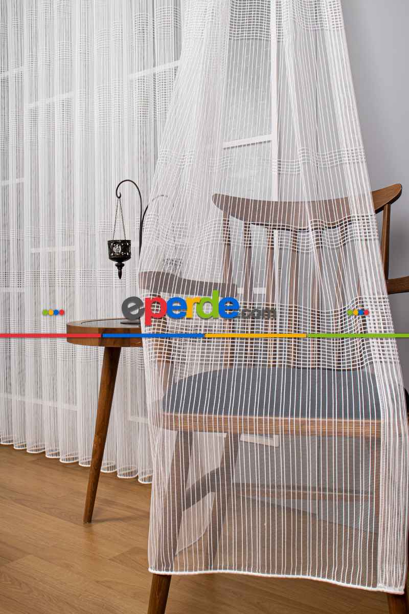 Mutfak - Zincir Çizgili Tül Perde - Ekru