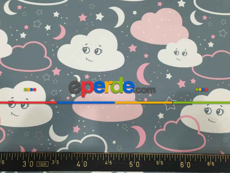 Bebek Odası Fon - Bulut Desenli Fon Perde Evm683-4 Kumaşı Kalındır Duck Bezi Değildir- Beyaz