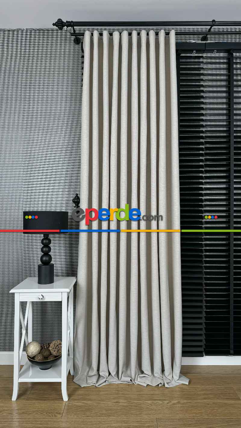 Krem Düz Naturel Keten S Pile Fon Perde, Premium Kalite Serisi Ağır Gramajlı