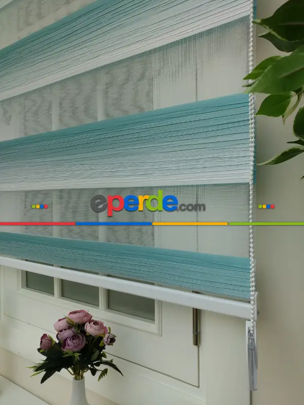 Salon Zebra Perde - Zebra Perde -turkuaz Geçişli Pileli Zebra (kalın Doku Zeminli)- Turkuaz Yeşili Ara Renk