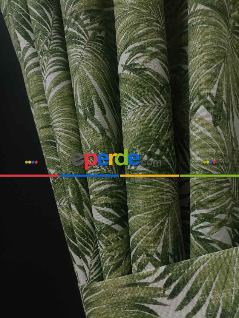 Tropikal Yaprak Desenli Fon Perde(leke Tutmaz)- Yeşil-beyaz